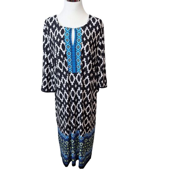 Studio One Womens 2X Shift Dress Black Multi Keyhole Stretch 3/4 Sleeve Pullover - Picture 1 of 9